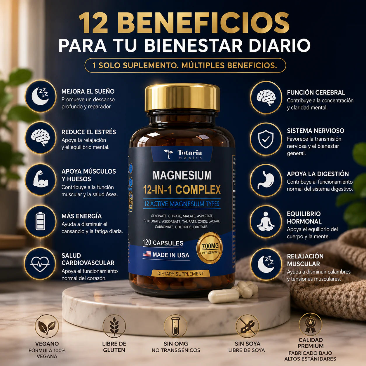Complejo de Magnesio 700 mg 12 en 1 Totaria, Apoyo muscular y nervioso completo, empieza hoy mismo - Imagen 2