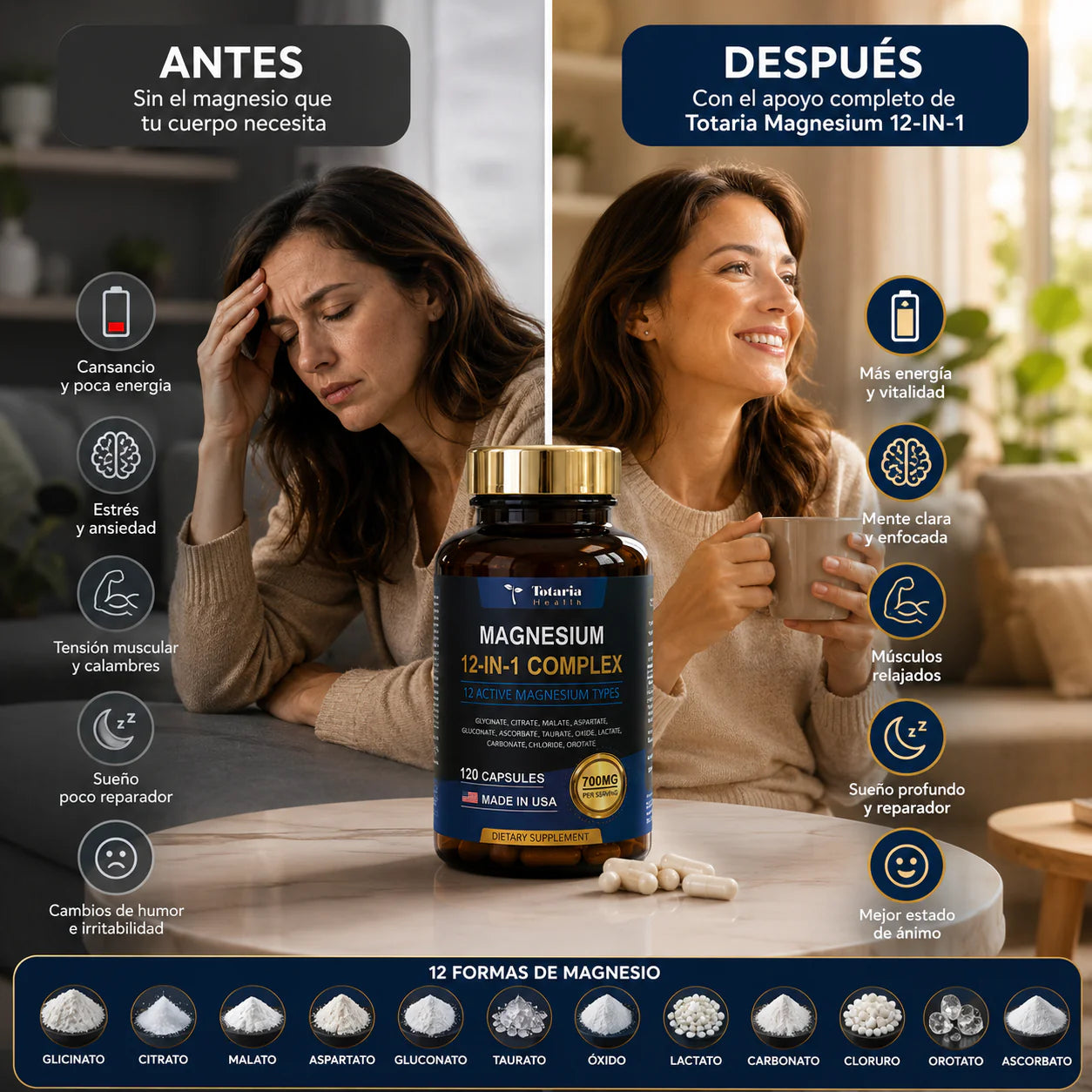 Complejo de Magnesio 700 mg 12 en 1 Totaria, Apoyo muscular y nervioso completo, empieza hoy mismo - Imagen 4