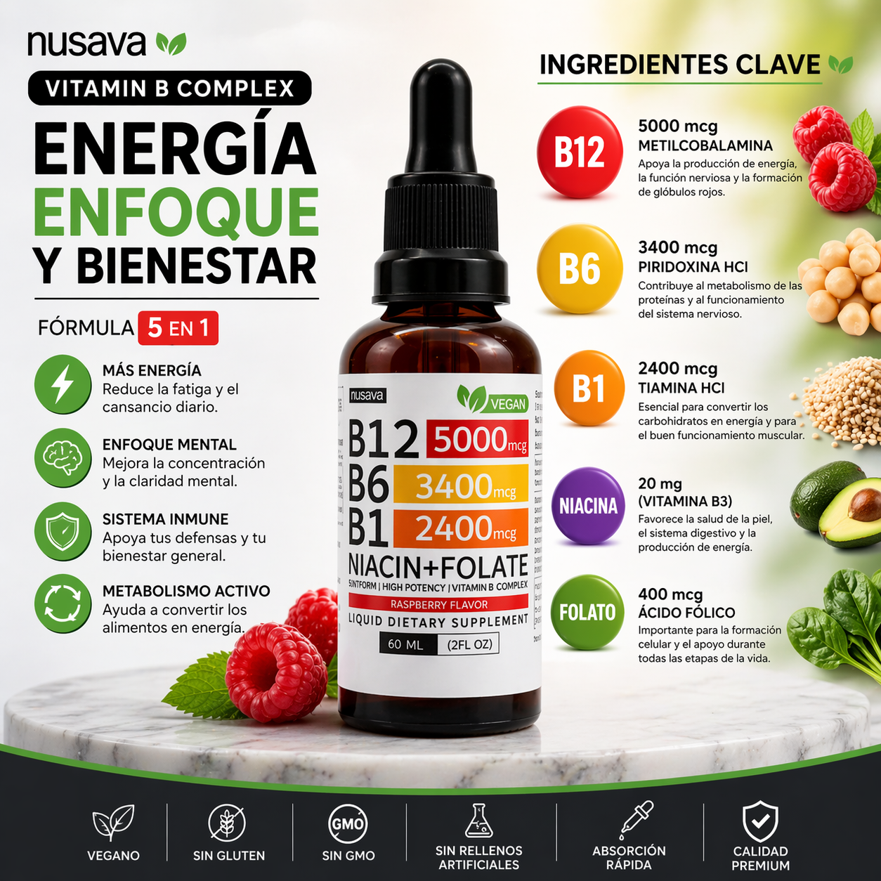Nusava™ Vitamina B12 Complejo Líquido 5000 mcg Energía y enfoque rapido - Imagen 5