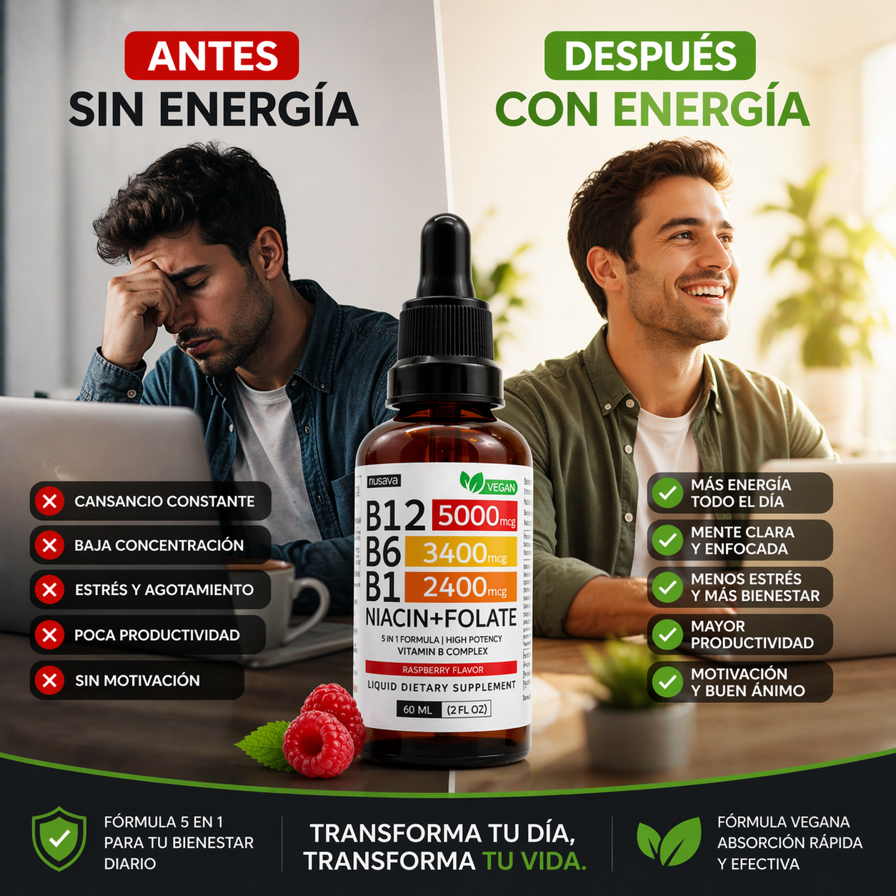 Nusava™ Vitamina B12 Complejo Líquido 5000 mcg Energía y enfoque rapido - Imagen 2