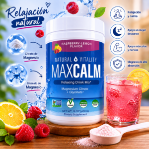 MAX CALM® Bebida Relajante de Magnesio Calma, descanso y bienestar en cada vaso, sabor frambuesa - limon