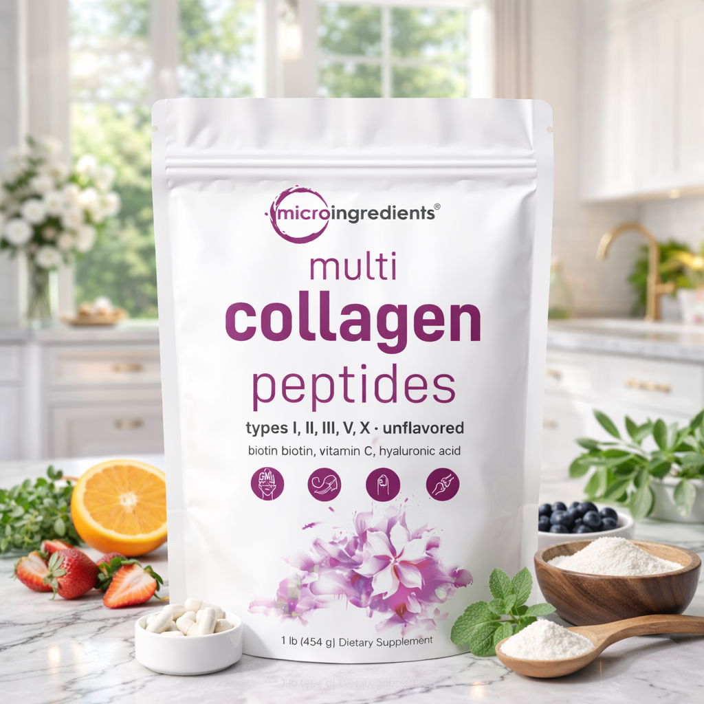 Multicolageno de Péptidos Microingredients® 1lb Mezcla Avanzada de 5 Colágenos, Biotina, Vitamina C y Ácido Hialurónico, descubre los beneficios desde hoy.