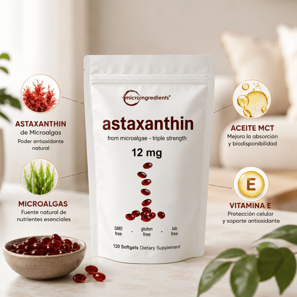 Astaxanthin 12 mg de Microingredients®  Cuida tu piel, ojos y células desde hoy con protección antioxidante avanzada