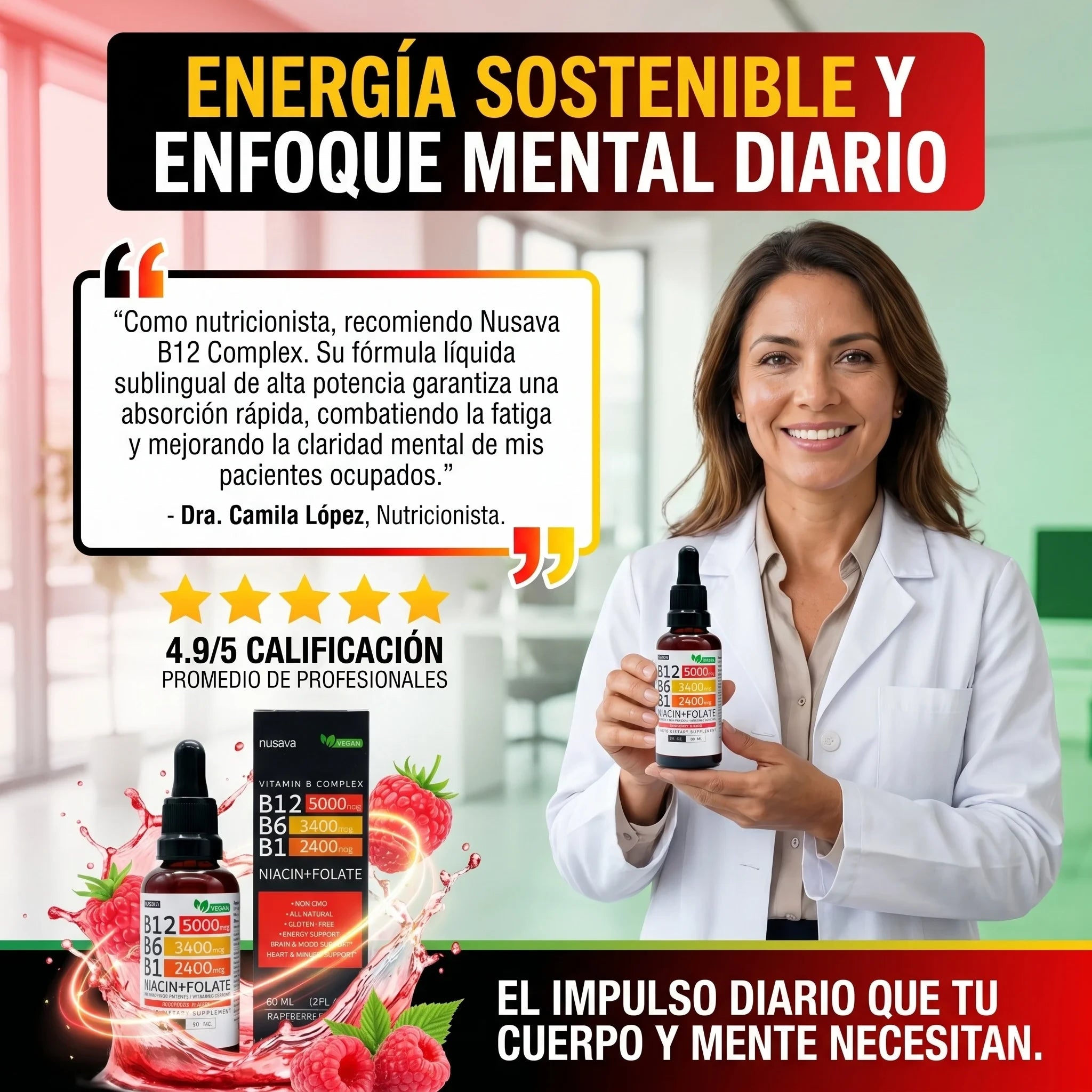 Nusava™ Vitamina B12 Complejo Líquido 5000 mcg Energía y enfoque rapido - Imagen 4