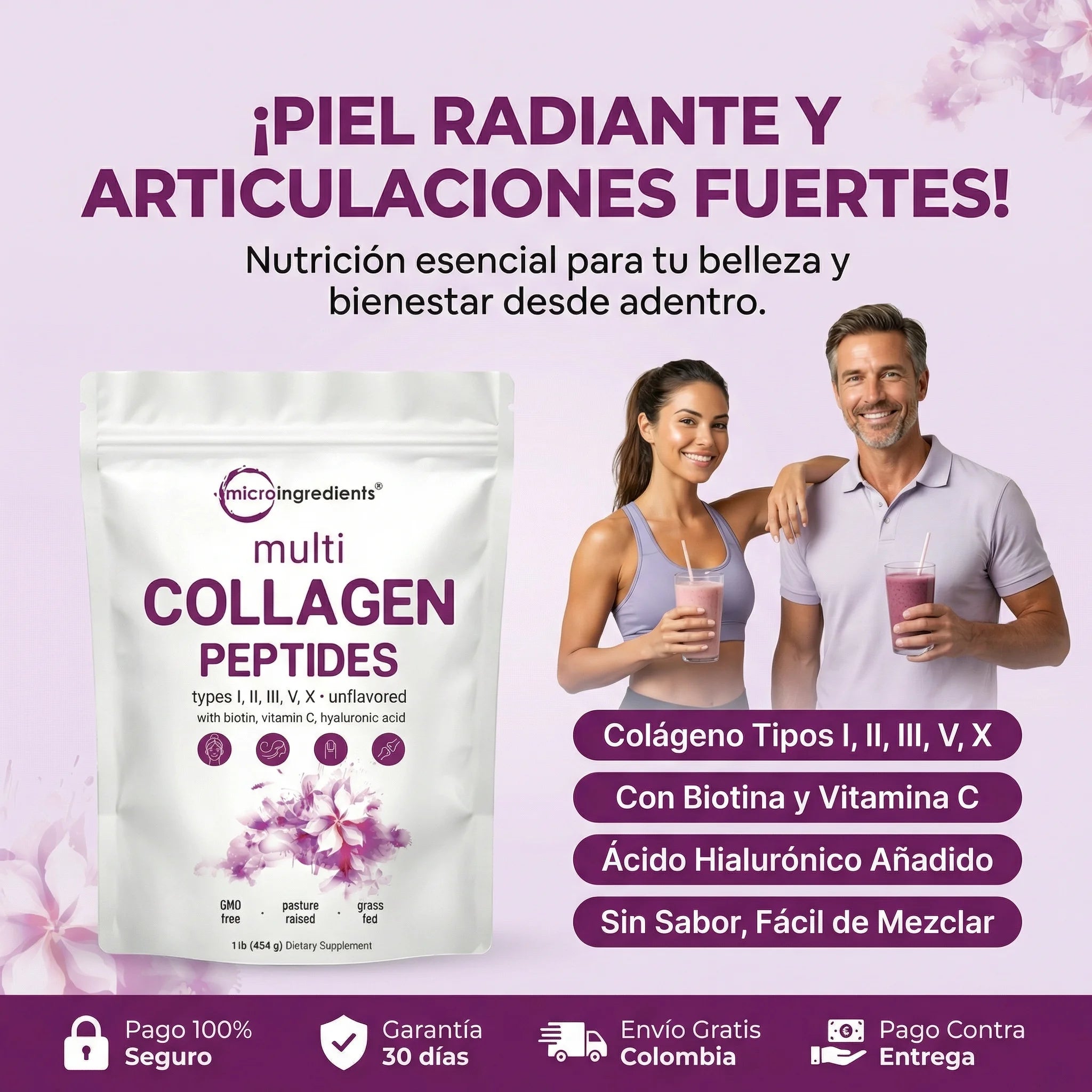 Multicolageno de Péptidos Microingredients® 1lb Mezcla Avanzada de 5 Colágenos, Biotina, Vitamina C y Ácido Hialurónico, descubre los beneficios desde hoy. - Imagen 2